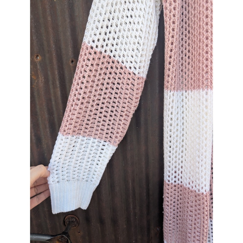Womens Open Knit Cardigan Size Medium Pink Stripe Crochet Nautical Beach Coastal - Picture 2 of 9